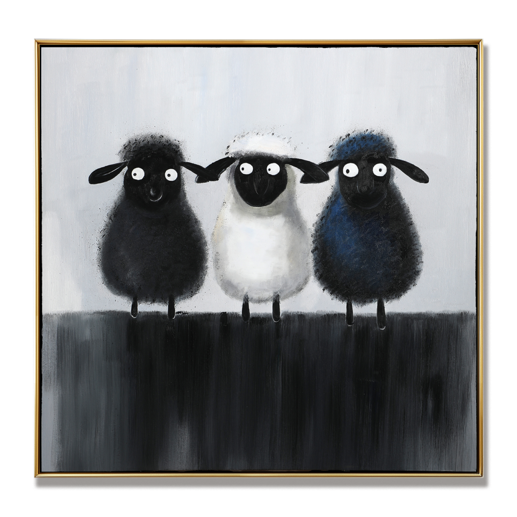 Three Little Woolies, a painting of three fluffy sheep in black, white and blue against a grey wall, from IrisLee Gallery
