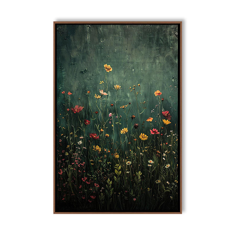 Midnight Bloom, a painting of colorful wildflowers on a dark green background in a brown frame, from IrisLee Gallery