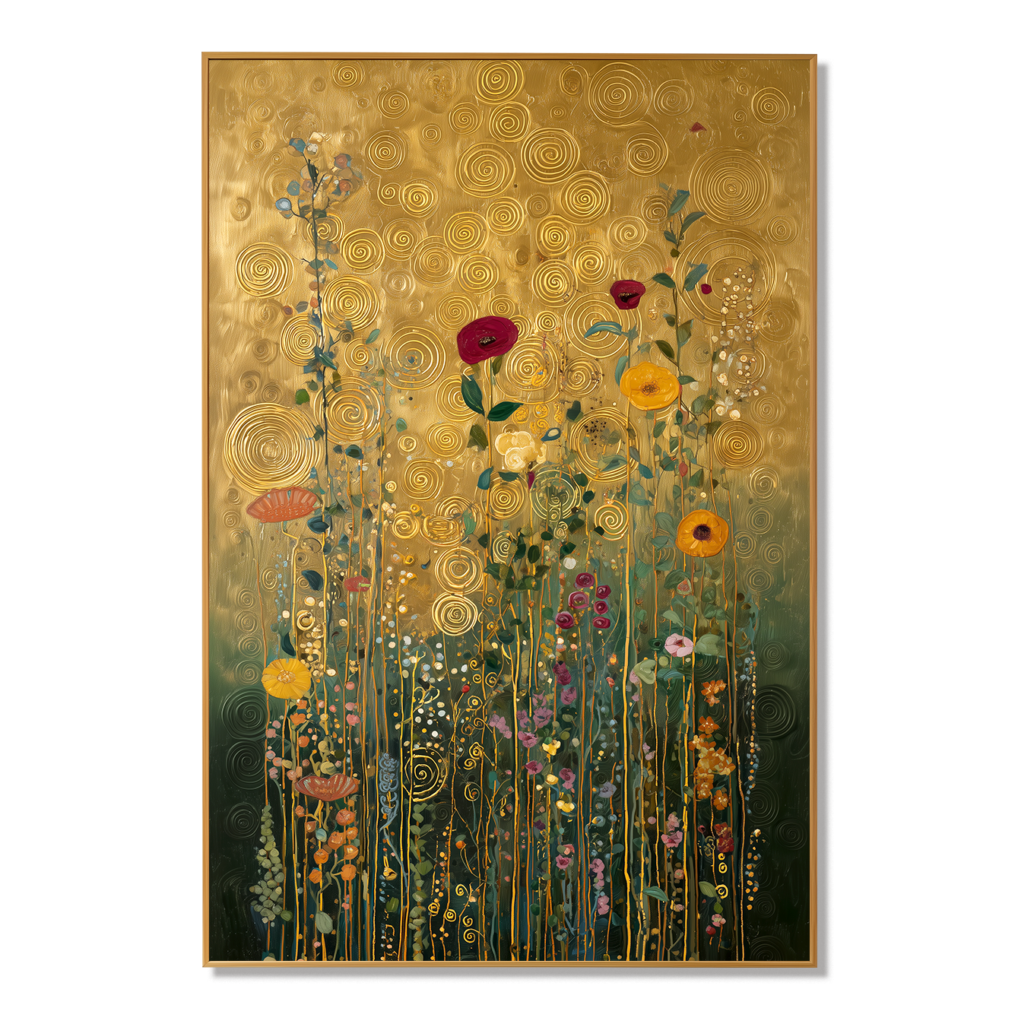 Golden Reverie, a textured floral painting with gold spirals and wildflowers over a dark green base, from IrisLee Gallery
