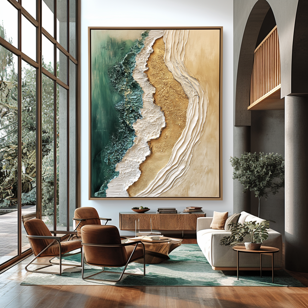 Whispering Shore, a large textured ocean-and-sand painting hung above a sideboard in a bright living room, from IrisLee Gallery