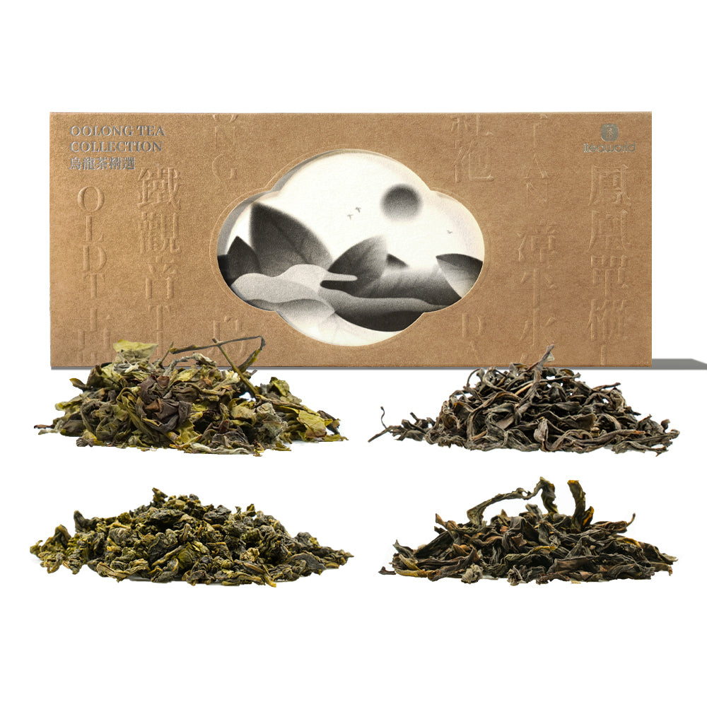 Four loose-leaf oolong teas laid out in front of an iTeaworld oolong collection gift box