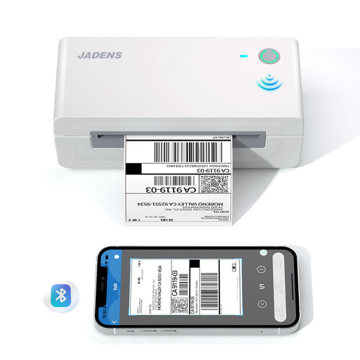 JADENS 668BT Bluetooth thermal shipping label printer printing a label, with a phone showing the label beside it