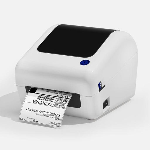 White JADENS 168BT thermal shipping label printer with a printed label coming out of the front