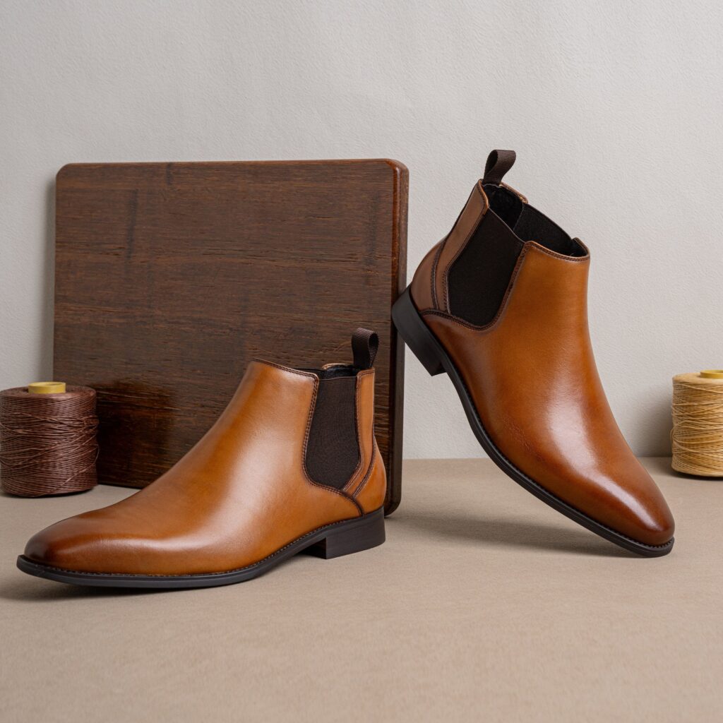 Tan Chelsea boots styled in front of a wooden board with spools of waxed thread