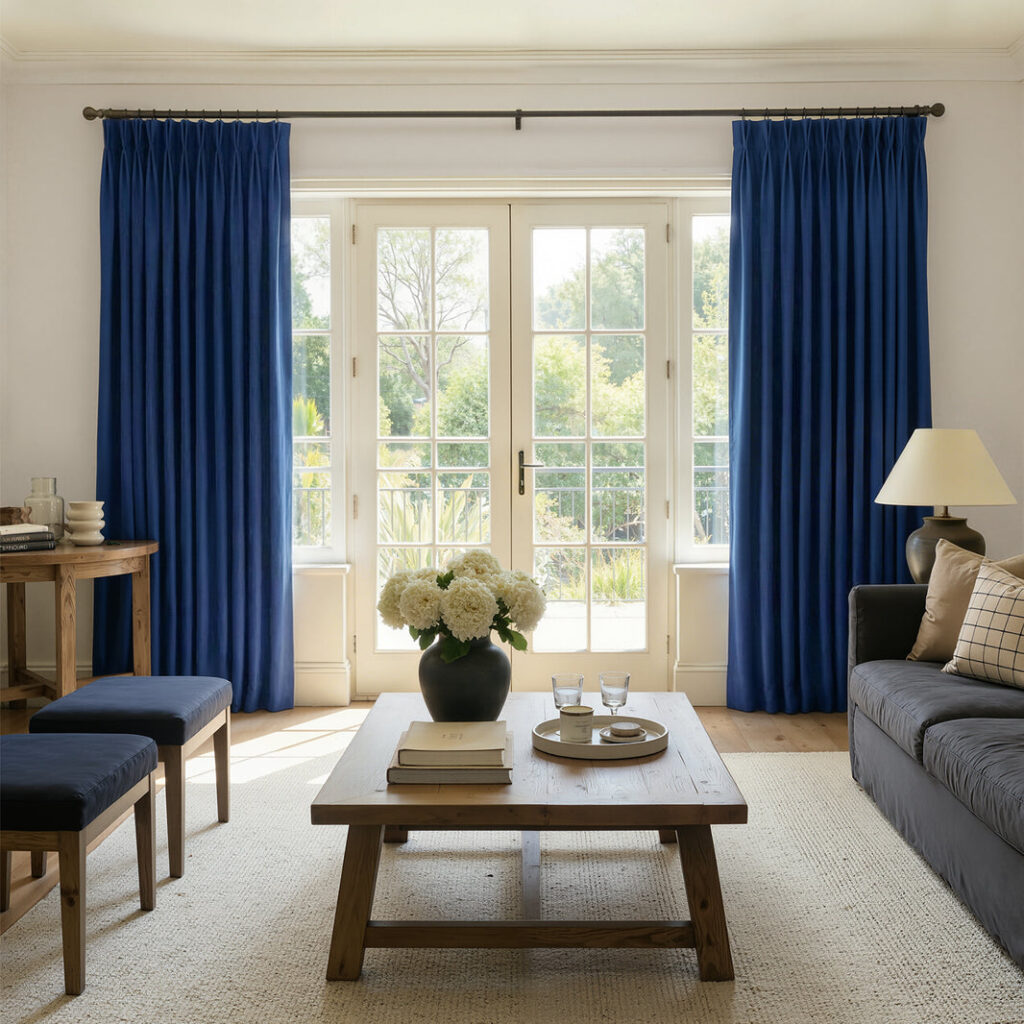 Deep blue velvet curtains with pinch pleats framing French doors in a living room