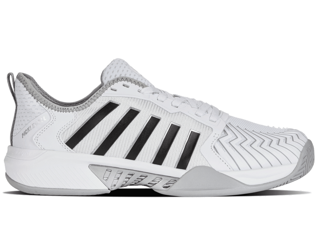 K-Swiss Pickleball Supreme court shoe in white with black stripes and a grey outsole