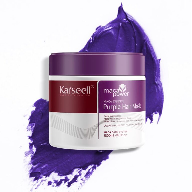 Karseell Purple Hair Mask jar sitting on a swipe of violet cream