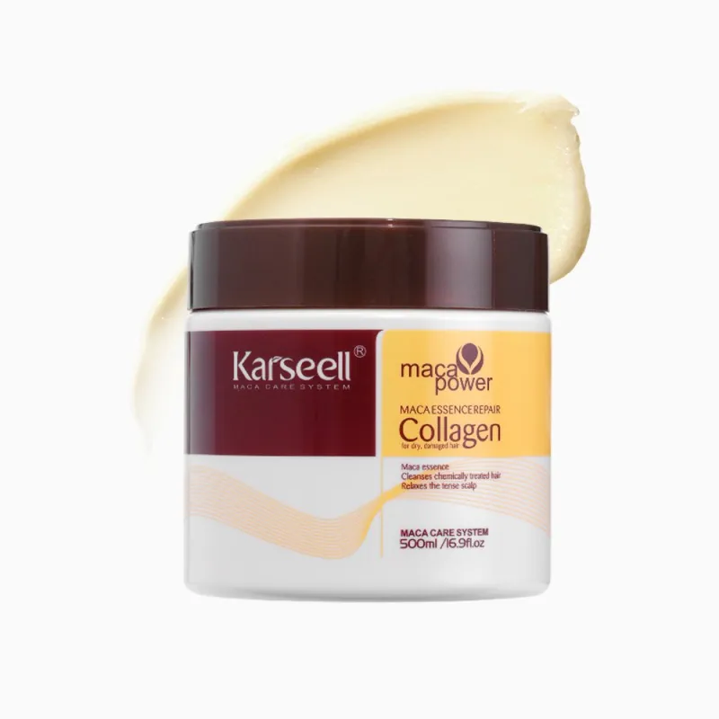 Karseell Collagen Hair Mask jar in front of a smear of cream