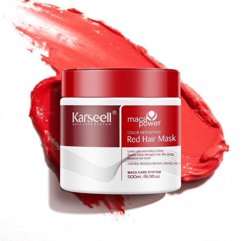 Karseell Color Depositing Red Hair Mask jar on a streak of red cream