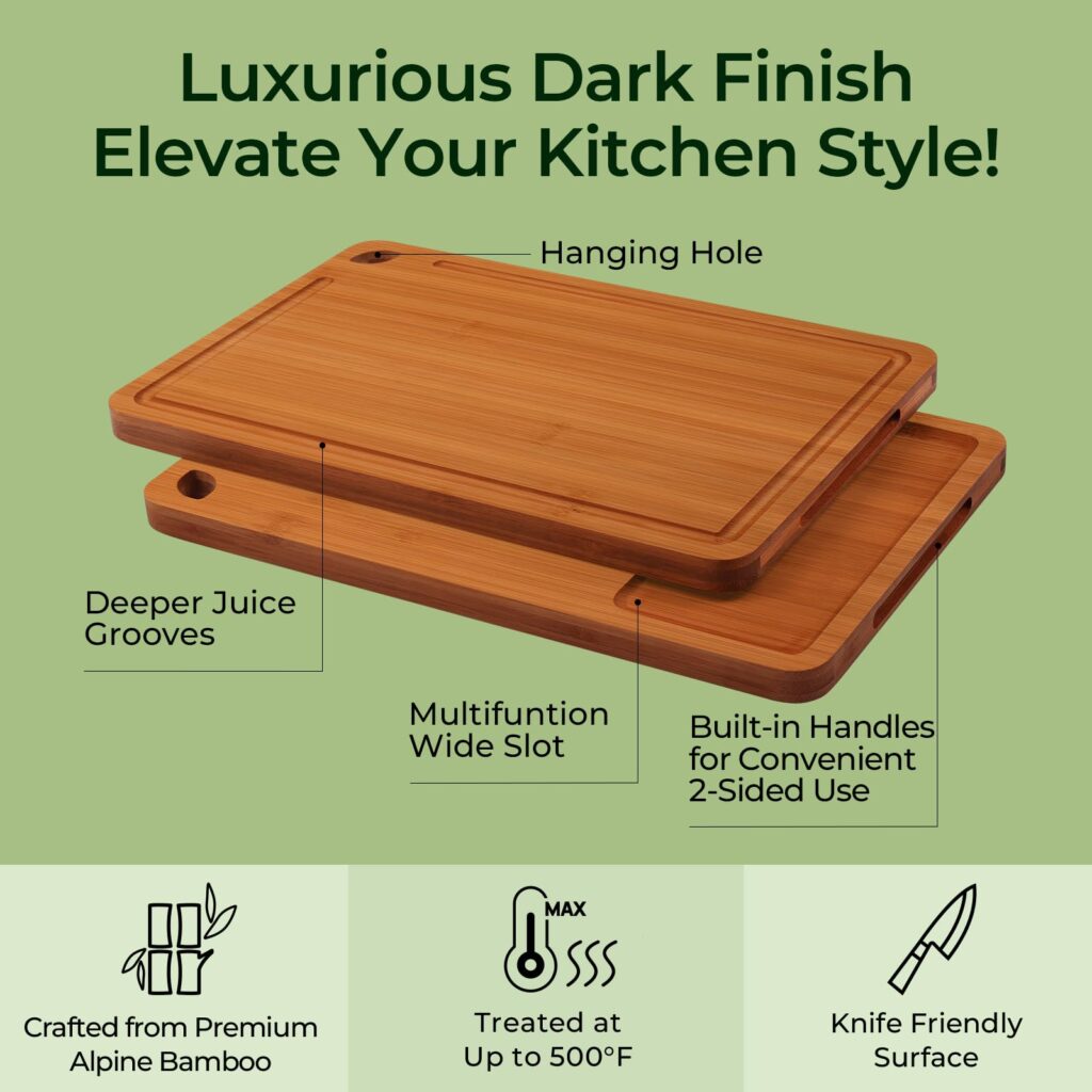 Callout diagram of a Keechee carbonized bamboo board labeling the hanging hole, juice grooves and built-in handles
