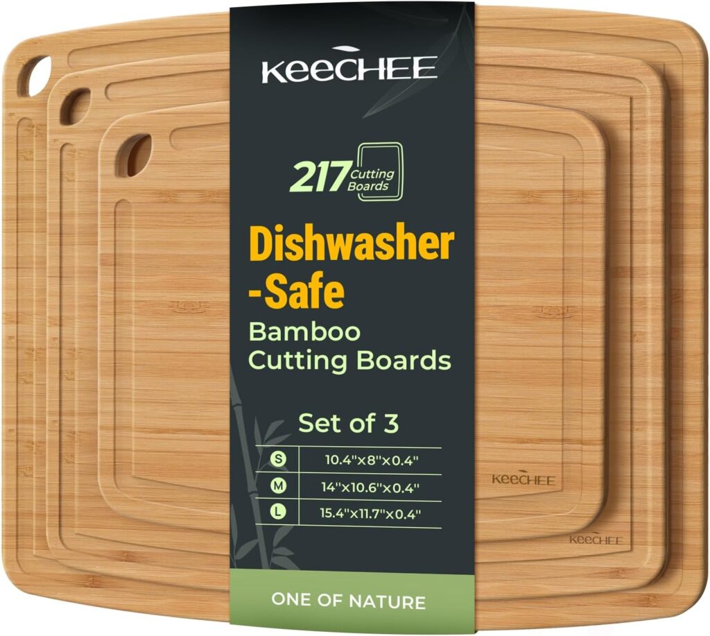 Keechee dishwasher-safe bamboo cutting board set of three in small, medium and large sizes