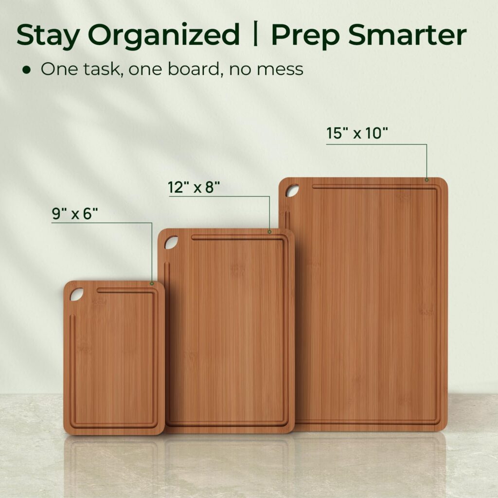 Diagram of Keechee's three board sizes: 9 x 6, 12 x 8 and 15 x 10 inches