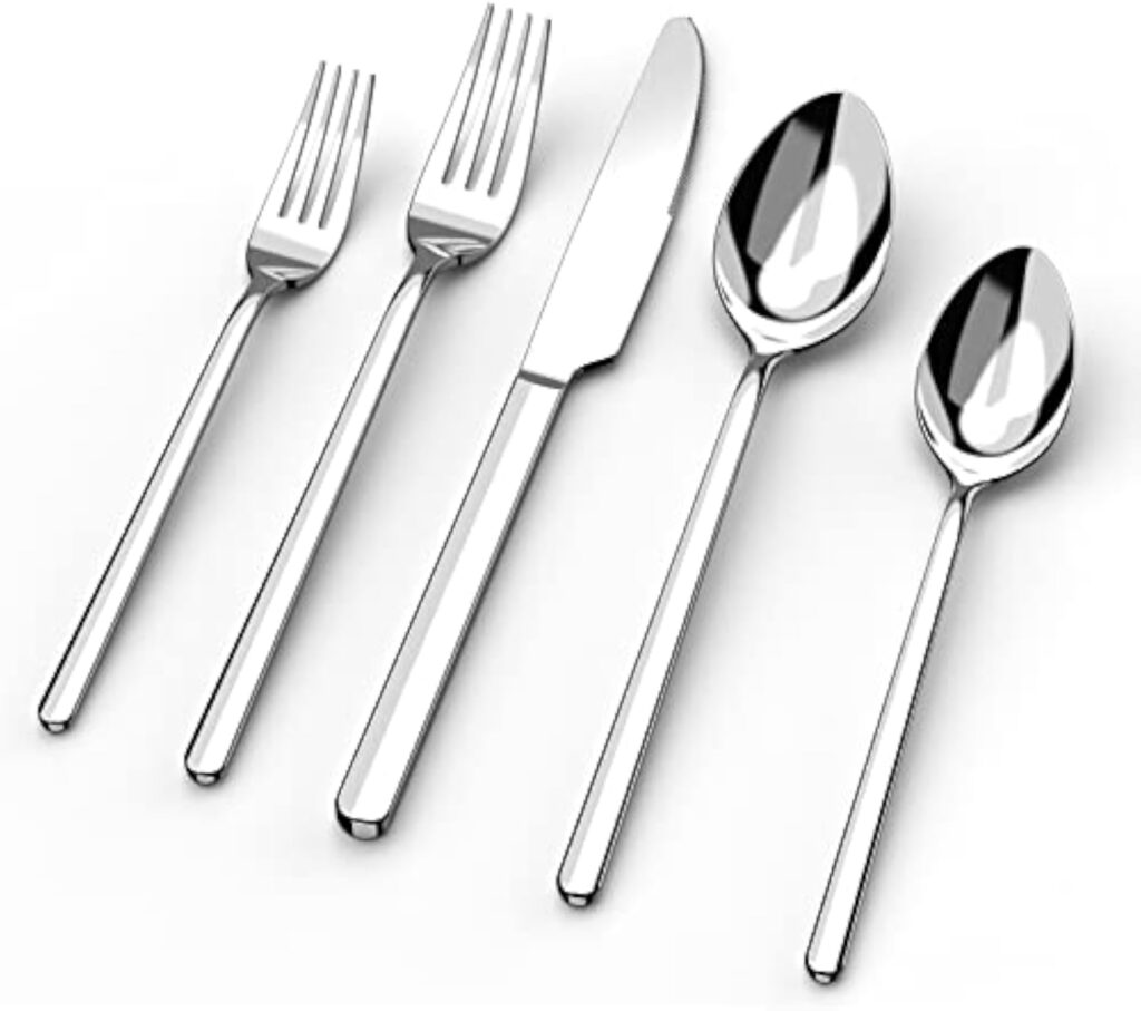 Five slim KINGSTONE flatware pieces with plain mirror-polished handles, shown for comparison with the hammered line