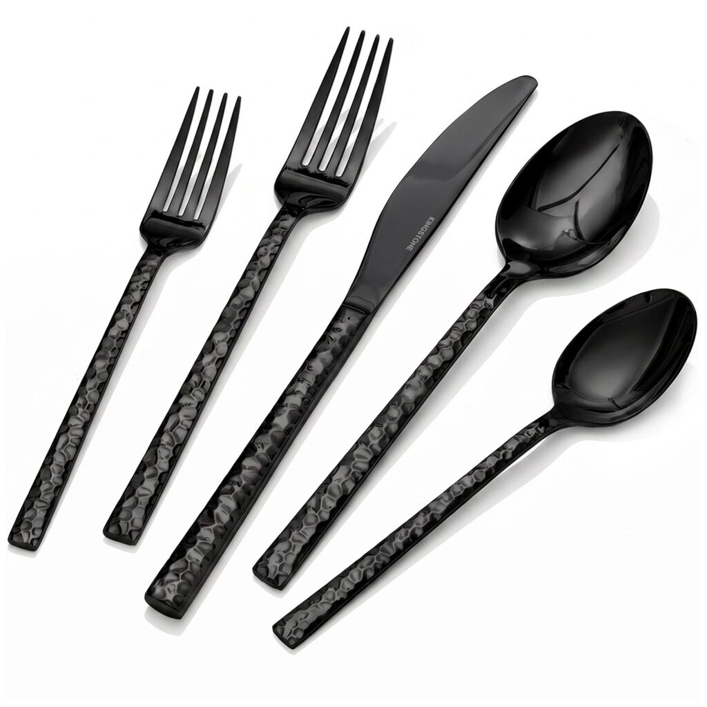 Black KINGSTONE flatware pieces with hammered-texture handles and glossy heads