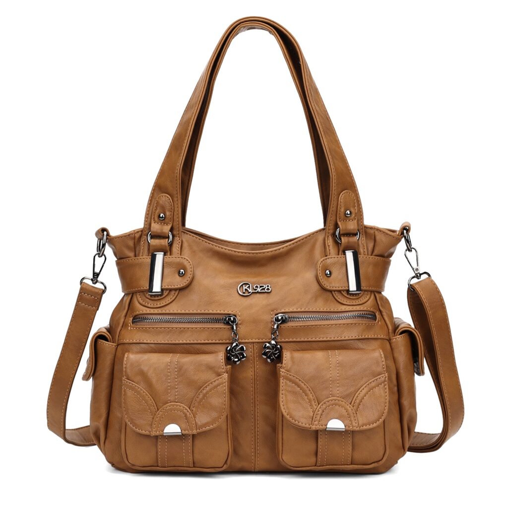 Tan-brown PU leather hobo tote with two front flap pockets, metal hardware and a long detachable strap