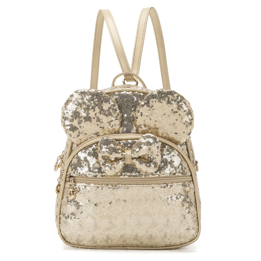Champagne-gold sequin version of the KL928 bowknot mini backpack with sequin ears and a bow