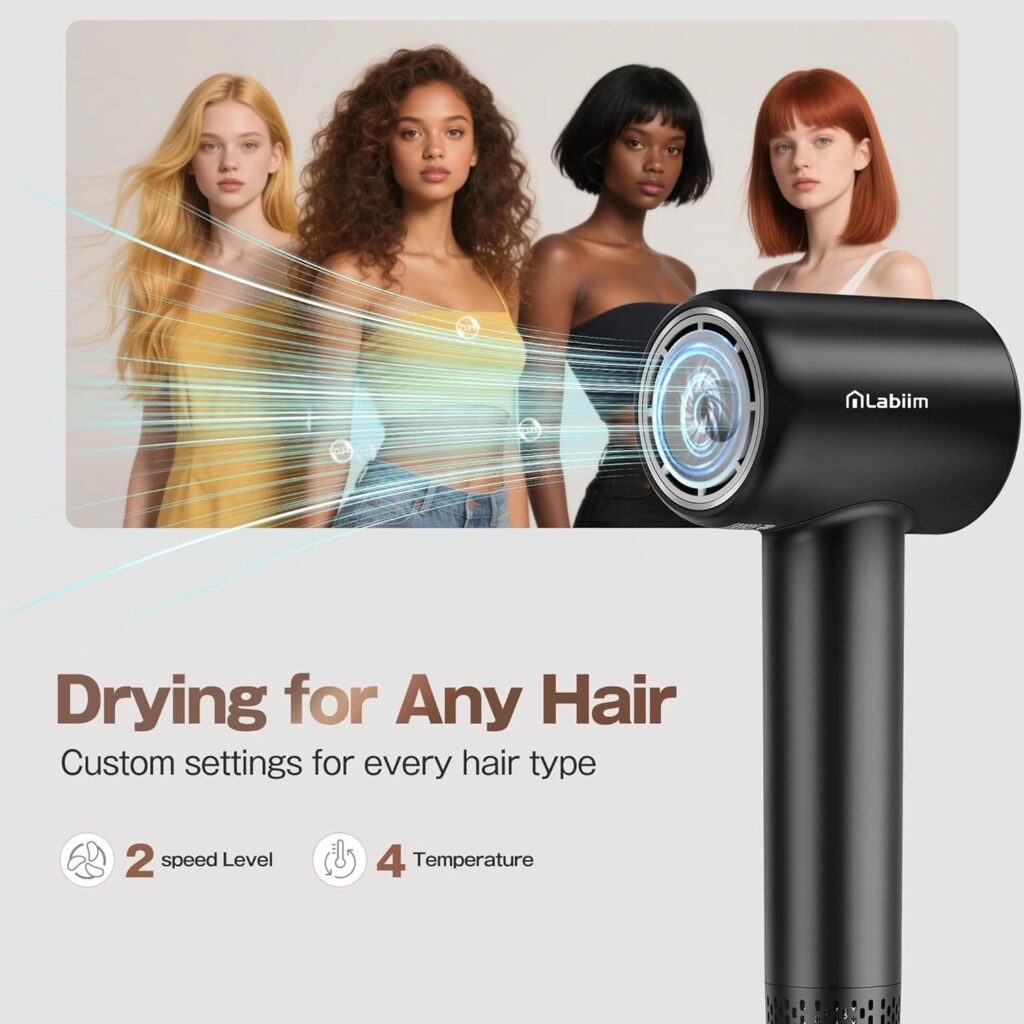 Black Labiim LA-05 dryer beside four people with different hair types, listing two speed levels and four temperatures