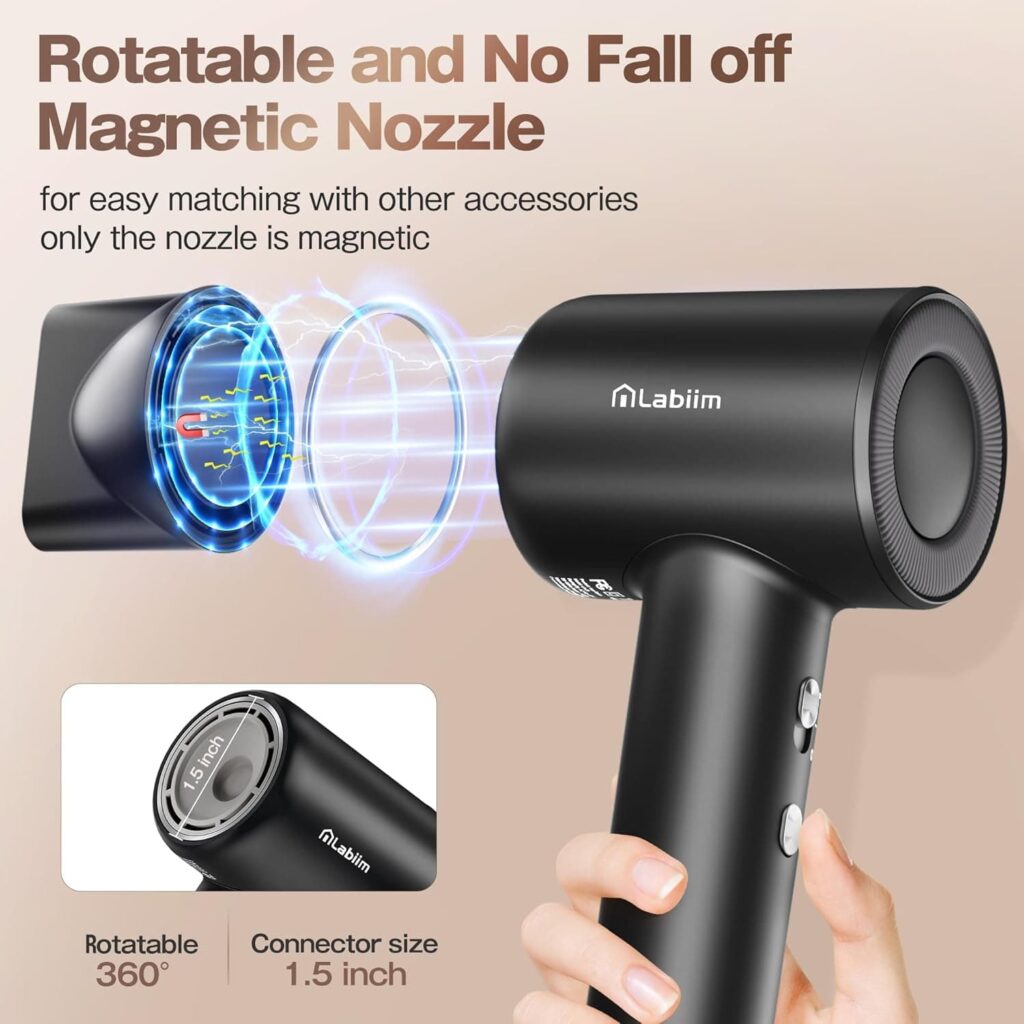Black Labiim LA-05 dryer with a graphic of its rotatable magnetic nozzle and 1.5-inch connector