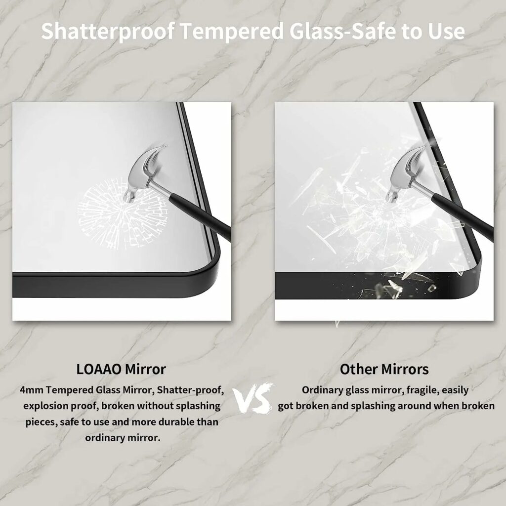 Brand graphic comparing LOAAO tempered mirror glass with ordinary mirror glass when struck