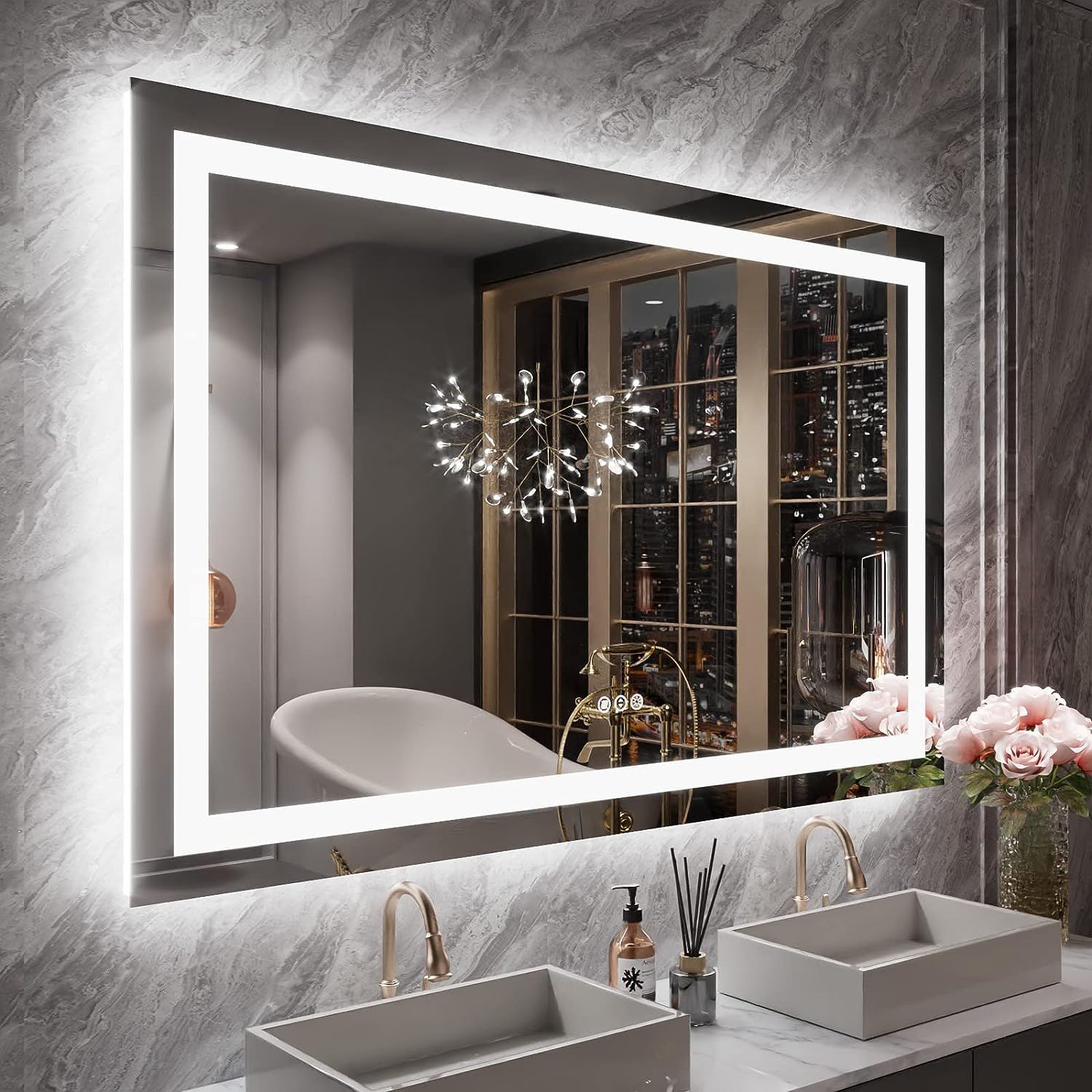 LOAAO LED bathroom mirror with a bright lit border above a double sink