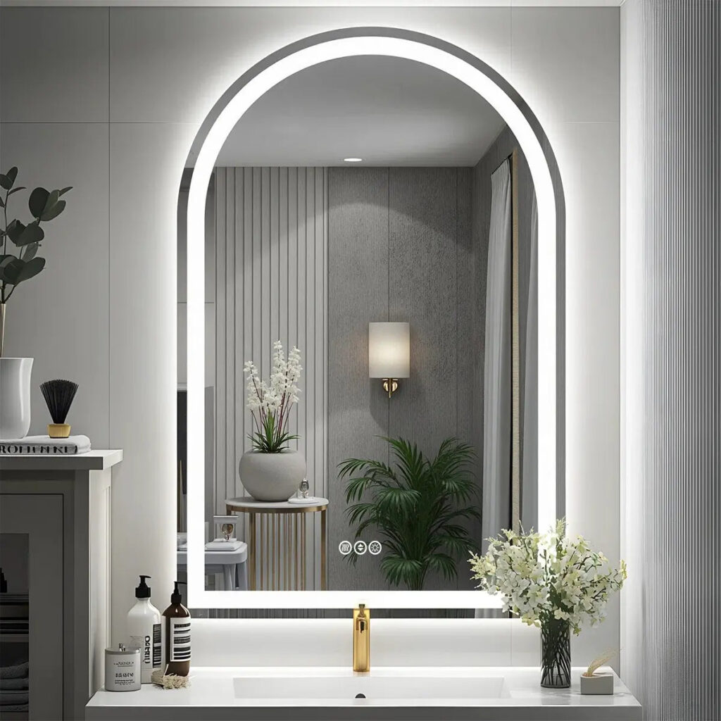 LOAAO arch-shaped LED mirror with a glowing outline above a vanity sink