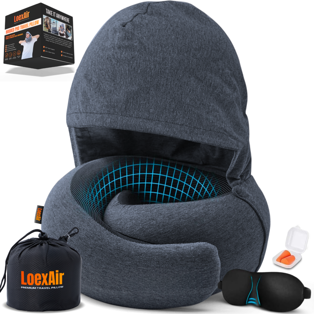 Dark grey LoexAir Hooded Pro neck pillow with the hood raised, shown with its carry pouch