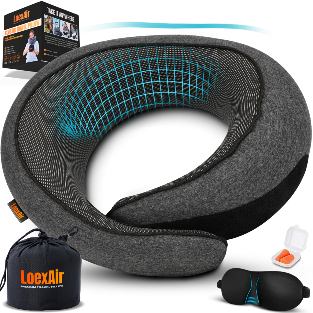 Dark grey LoexAir Classic neck pillow with its carry pouch, eye mask and earplugs