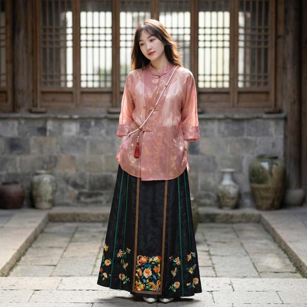 Model in a pink silk top and a dark pleated Mamian skirt with a floral hem, standing in a stone courtyard