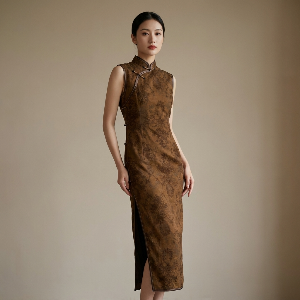 Model in a brown sleeveless qipao dress with a mandarin collar and side slit against a warm neutral backdrop