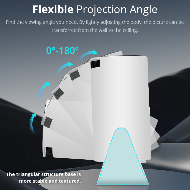Illustration of a white cylinder projector body tilting from level to 180 degrees to move the picture from the wall to the ceiling
