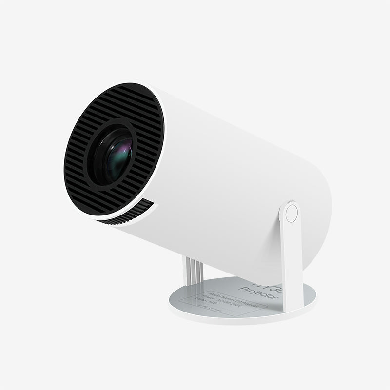 Lyncast HY300-style mini projector, a white cylinder with a round lens on a curved tilting stand