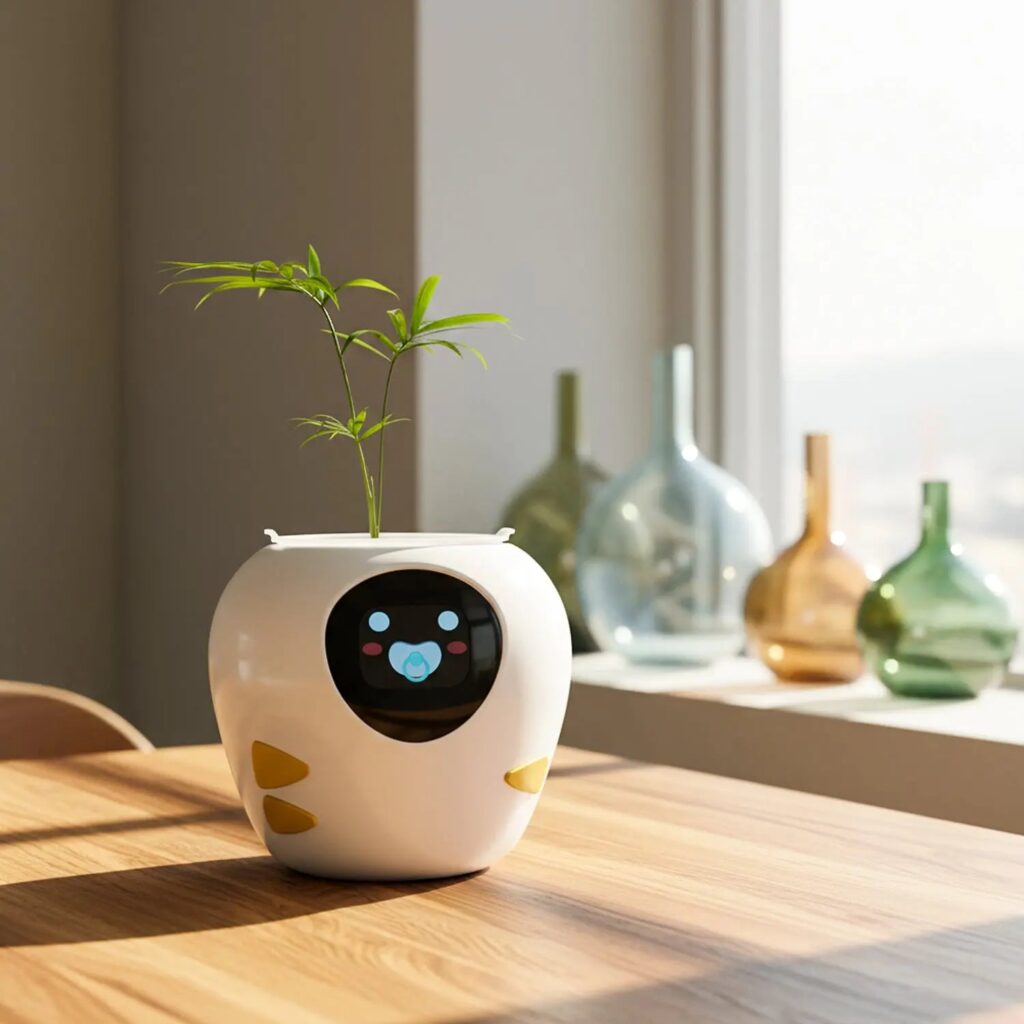 Masdio VitaPot Smart Flowerpot holding a small plant, with a face on its display