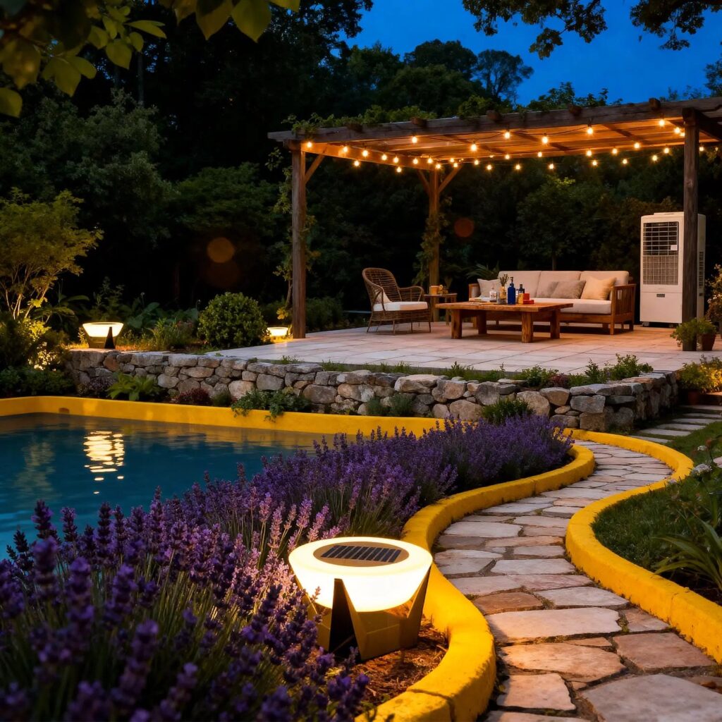 Masdio solar outdoor light beside a lavender-lined stone path and pool at night