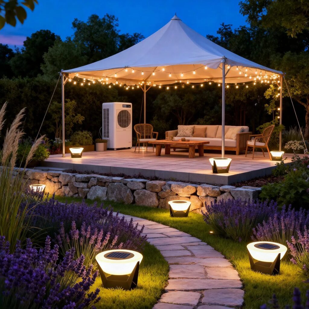 Masdio solar lights lighting a stone garden path and a canopy patio at dusk
