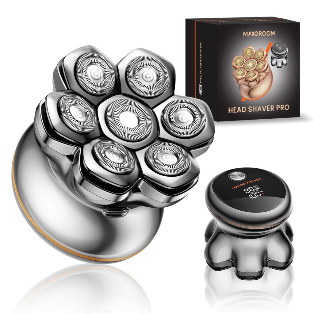 MAXGROOM PRO head shaver in silver with seven floating blades, its box and a compact display unit