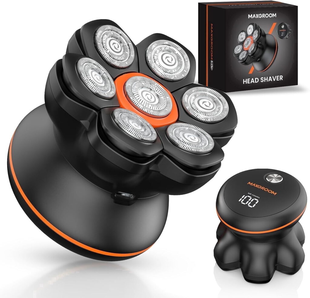 MAXGROOM head shaver in black and orange with seven floating blades, its box and a display unit
