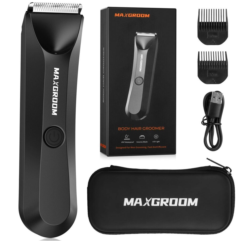 MAXGROOM body hair groomer with its box, two guide combs, USB cable and travel case