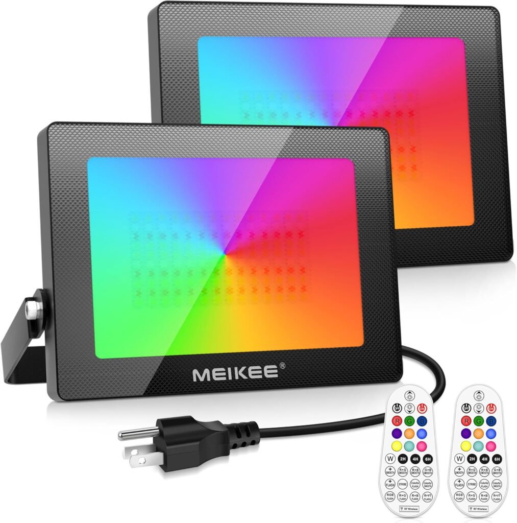 MEIKEE RGB color-changing flood lights shown with two remote controls