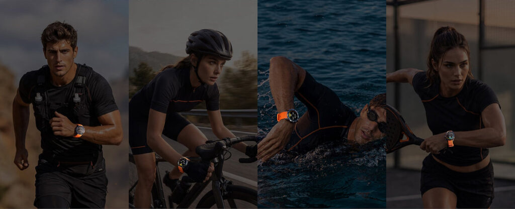 Runner, cyclist, swimmer and padel player each wearing a Mibro sports watch