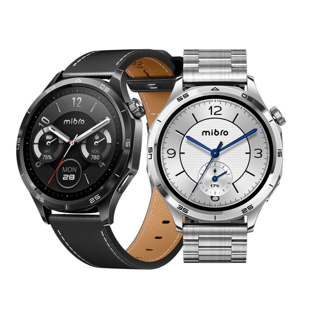 Mibro GT smartwatch shown with a black leather strap and a stainless-steel bracelet