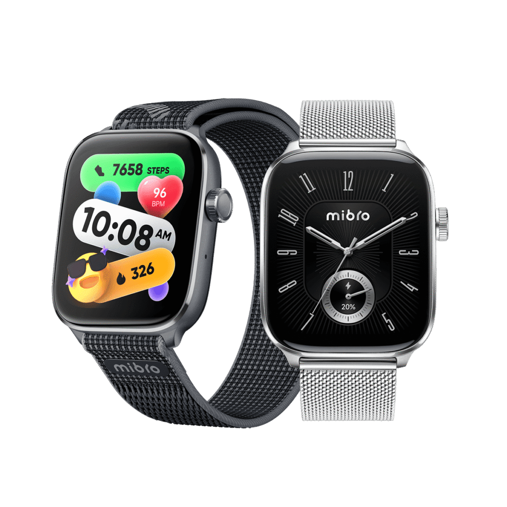 Mibro FIT square smartwatch with a woven black strap beside a silver mesh version