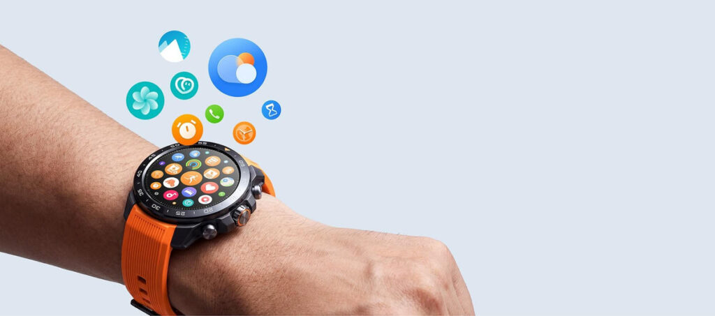Mibro watch on a wrist with app icons floating above the screen