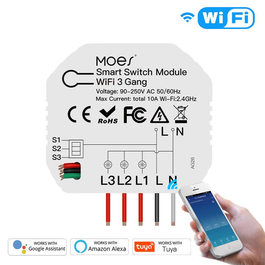 MOES three-gang WiFi smart switch module with wiring diagram and phone app