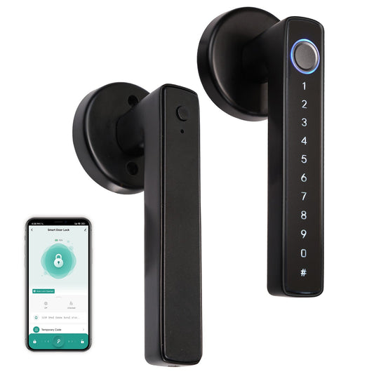 MOES smart door lock handle with keypad and fingerprint reader beside a phone app