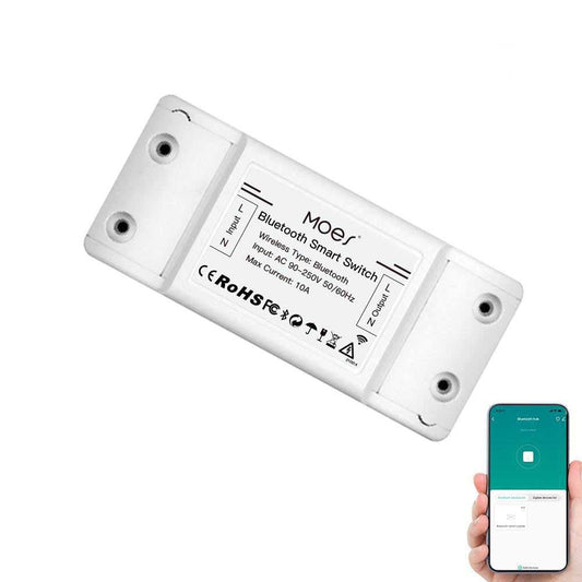 MOES Bluetooth smart switch relay module next to a phone showing its app