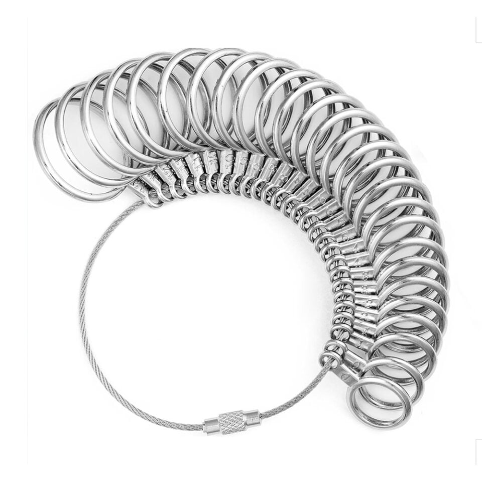 A metal ring sizer set of graduated rings threaded on a wire loop