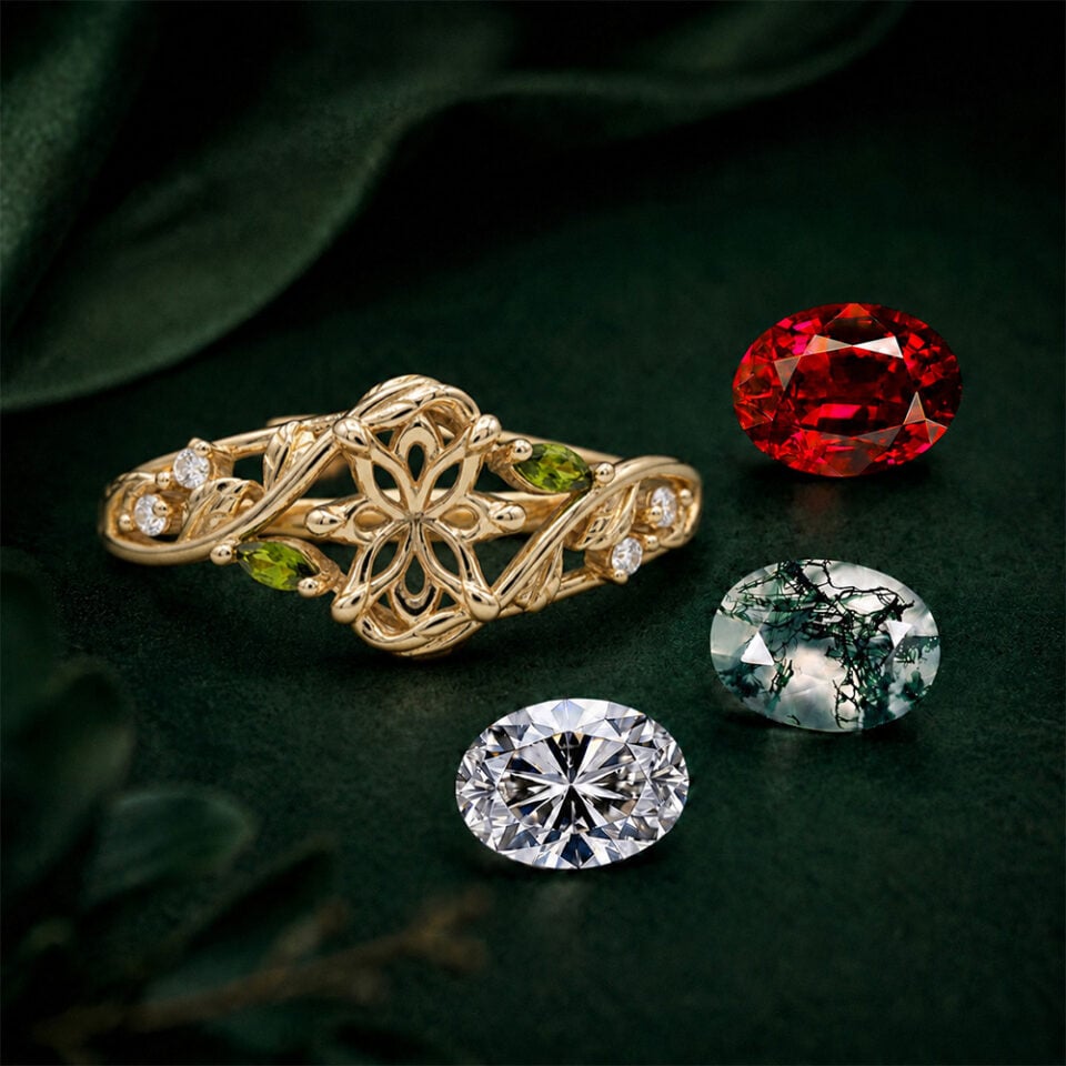 A gold leaf-and-vine ring displayed beside loose red, moss agate and colorless oval gemstones on dark green fabric