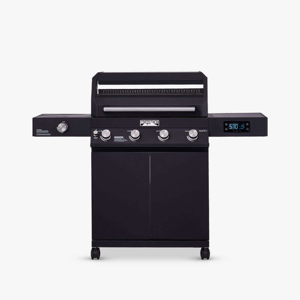 Black Monument Denali 425 four-burner smart grill with a lit temperature display