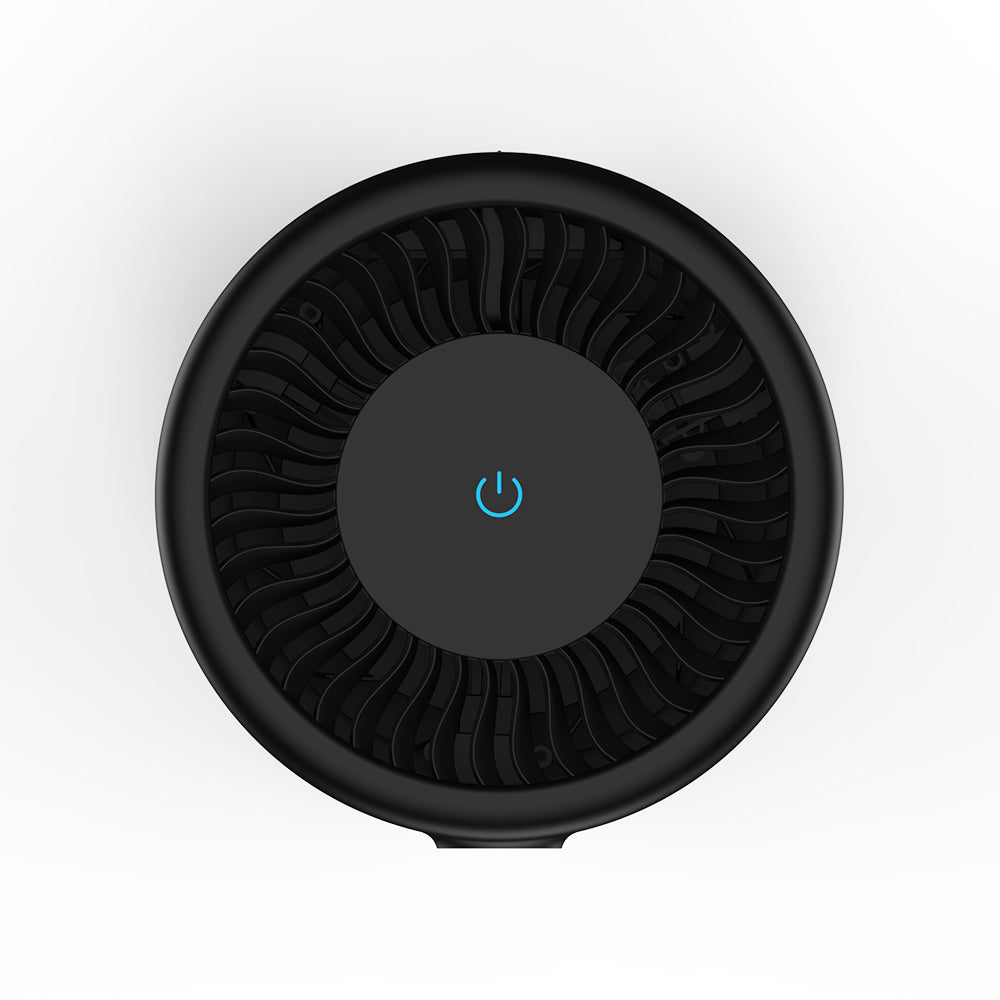 Top view of the black MOOKA B-D02L showing the circular air outlet and the touch power button