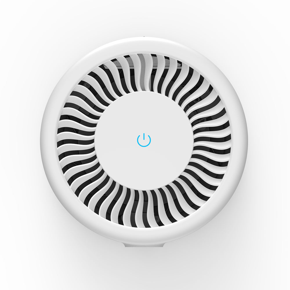 Top view of the white MOOKA B-D02L showing the circular air outlet and the touch power button
